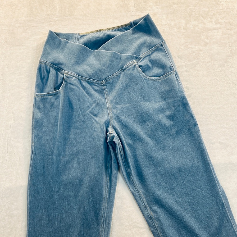 Halara Crossover High Waisted Flare Leg Denim Look Leggings Blue Small